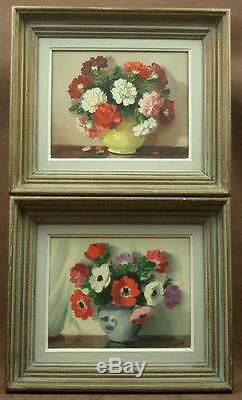 Old Pair Of Oil On Canvas Paintings Still Life With Flowers Signed