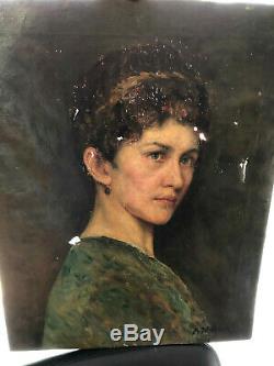 Old Portrait Of Woman Oil On Canvas Signed A Villier Epoque End Xixth 19th