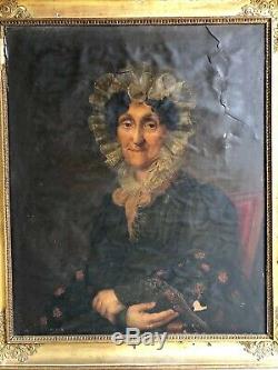 Old Portrait Woman Oil On Paper Xixth Empire 19th