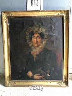 Old Portrait Woman Oil On Paper Xixth Empire 19th