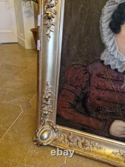 Old Portrait of Woman Oil on Canvas Golden Frame 19th Century