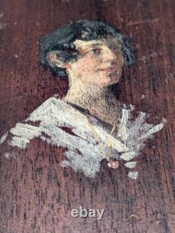 Old Portrait of a Woman Signed by Yves Edgar Muller Oil on Wood Panel 16x22 cm