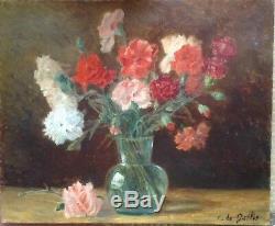 Old Post-impressionist Painting Bouquet Of Carnations Oil On Canvas Signed