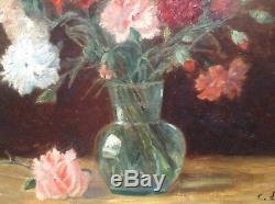 Old Post-impressionist Painting Bouquet Of Carnations Oil On Canvas Signed