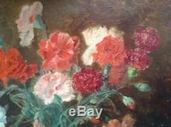 Old Post-impressionist Painting Bouquet Of Carnations Oil On Canvas Signed