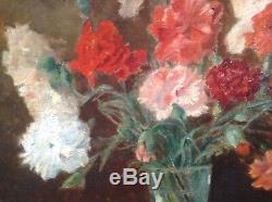 Old Post-impressionist Painting Bouquet Of Carnations Oil On Canvas Signed