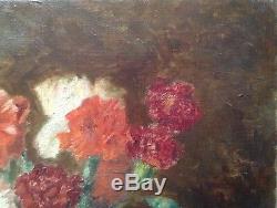 Old Post-impressionist Painting Bouquet Of Carnations Oil On Canvas Signed