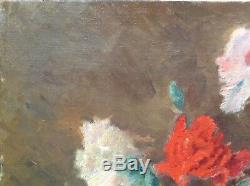 Old Post-impressionist Painting Bouquet Of Carnations Oil On Canvas Signed