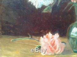 Old Post-impressionist Painting Bouquet Of Carnations Oil On Canvas Signed