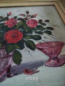 Old Signed Painting, Flower Bouquet, Oil on Canvas