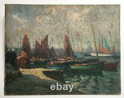 Old Signed Table, Oil On Cardboard, Brittany, Boats At The Port, Early 20th