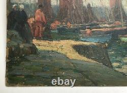 Old Signed Table, Oil On Cardboard, Brittany, Boats At The Port, Early 20th