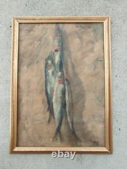 Old Still Life Painting Fish Oil on Canvas Marked N. TONITZA