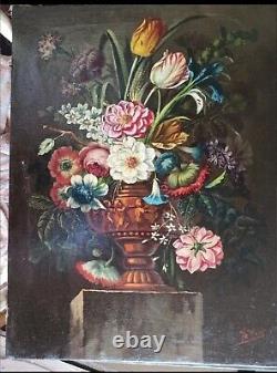 Old Still Life Painting of a Flower Bouquet Oil on Canvas 19th Century