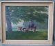 Old Table Champetre Cows Country Painting Oil On Cardboard Sign
