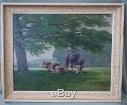 Old Table Champetre Cows Country Painting Oil On Cardboard Sign