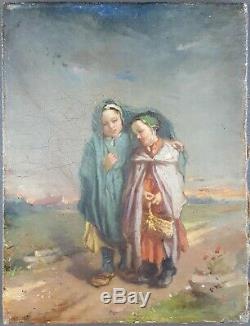 Old Table Children On A Path Painting Oil Canvas Antique Oil Painting