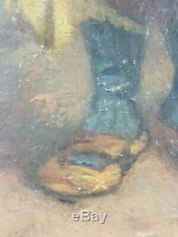 Old Table Children On A Path Painting Oil Canvas Antique Oil Painting