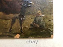Old Table, Cow and Peasant, Impressionist School, Oil on Paper 19th Century