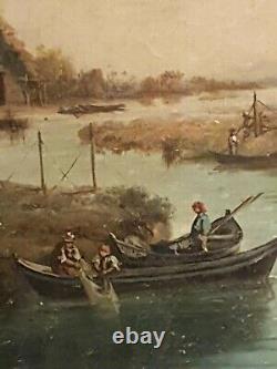Old Table, Fishermen, Oil On Canvas, Gilded Frame, Signed To Be Deciphered