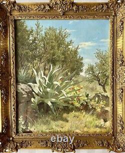 Old Table Landscape Flower Tree XIX Orientalist Oil Painting Canvas Signed