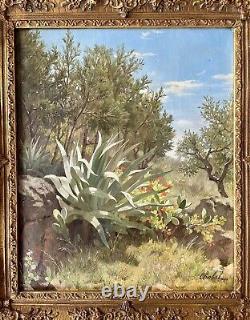 Old Table Landscape Flower Tree XIX Orientalist Oil Painting Canvas Signed