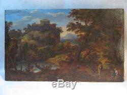 Old Table Oil On Canvas Characters Antique Landscape Italy Epoque XVIII Th