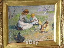 Old Table Oil On Canvas Girls Age Chickens Chicks Nineteenth