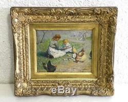 Old Table Oil On Canvas Girls Age Chickens Chicks Nineteenth