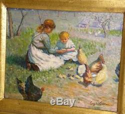 Old Table Oil On Canvas Girls Age Chickens Chicks Nineteenth