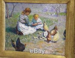 Old Table Oil On Canvas Girls Age Chickens Chicks Nineteenth