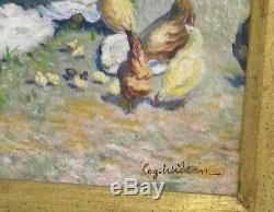 Old Table Oil On Canvas Girls Age Chickens Chicks Nineteenth