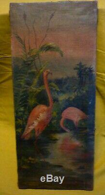 Old Table Oil On Canvas Hst Flamingos Exotic Bird
