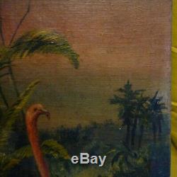 Old Table Oil On Canvas Hst Flamingos Exotic Bird