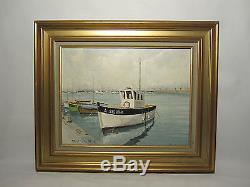 Old Table Oil On Canvas Marcel Hue Marine Port Boats Hst XX Th