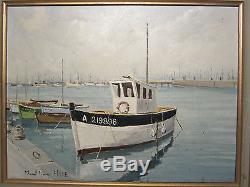 Old Table Oil On Canvas Marcel Hue Marine Port Boats Hst XX Th