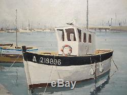 Old Table Oil On Canvas Marcel Hue Marine Port Boats Hst XX Th