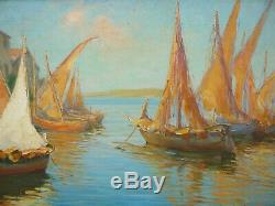 Old Table Oil On Canvas Marine Landscape South Port Marine Boat Signature