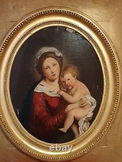 Old Table Oil On Canvas XIX S, Madonna And Child, Golden Frame