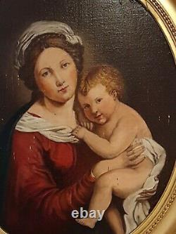 Old Table Oil On Canvas XIX S, Madonna And Child, Golden Frame