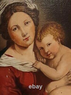 Old Table Oil On Canvas XIX S, Madonna And Child, Golden Frame