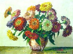 Old Table Oil On Canvas Yvan Galle Still Bouquet Flowers