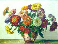 Old Table Oil On Canvas Yvan Galle Still Bouquet Flowers