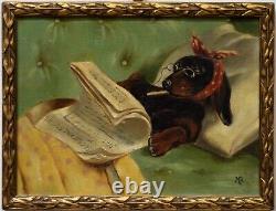 Old Table. Oil On Cardboard. Dog Reading A Newspaper. 19/20th. C. Coolidge