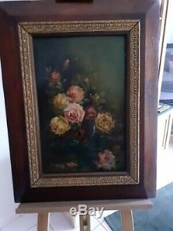 Old Table Oil On Panel Still Life Flowers Bouquet Signed / Carli