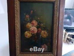 Old Table Oil On Panel Still Life Flowers Bouquet Signed / Carli