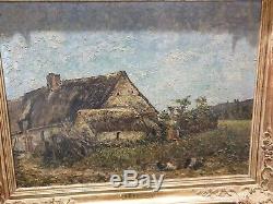Old Table, Oil On Panel, Thatched Cottage, Sign Toudouze, Dore Frame, Painting