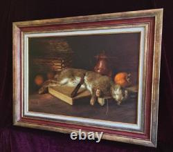 Old Table Oil Painting French School Rabbit Hare Fruit Baroque 19th Century