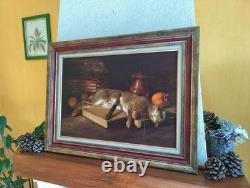 Old Table Oil Painting French School Rabbit Hare Fruit Baroque 19th Century