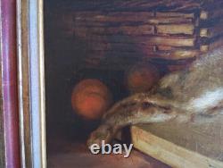 Old Table Oil Painting French School Rabbit Hare Fruit Baroque 19th Century
